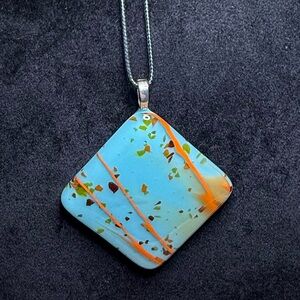 Aqua Art Glass Pendant Necklace Large Square Speckled Orange Blue 1.75”